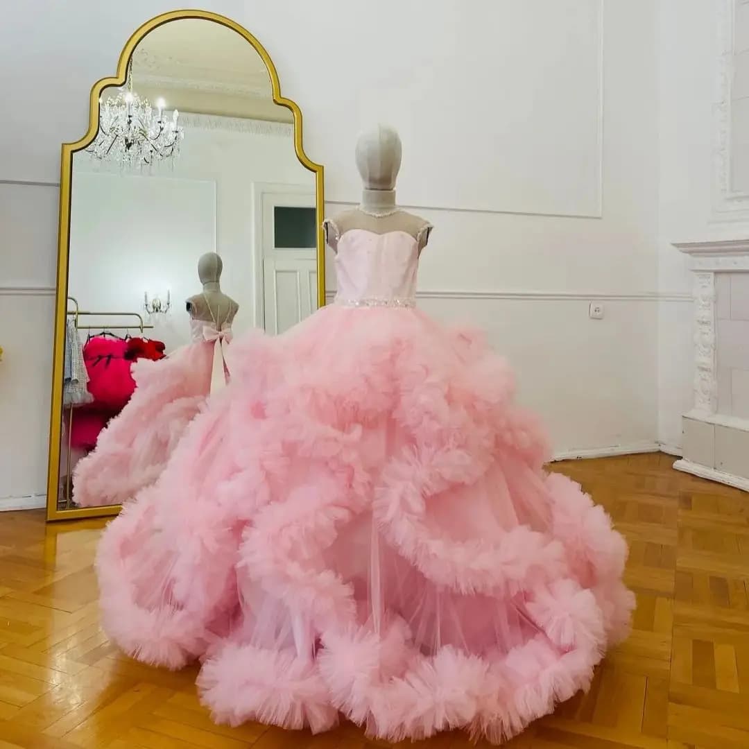 Abito da damigella rosa personalizzato per matrimonio, con volant gonfi, per feste di compleanno, abiti da ballo per bambine, abito da principessa per banchetti