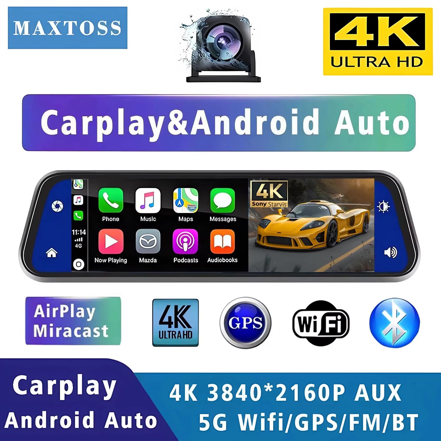 Dash Cam per Auto 10 Pollici 4K 2160P con Carplay, Android Auto, GPS, WIFI, BT, FM, Specchietto Retrovisore con Telecamera Posteriore e Registratore di Guida