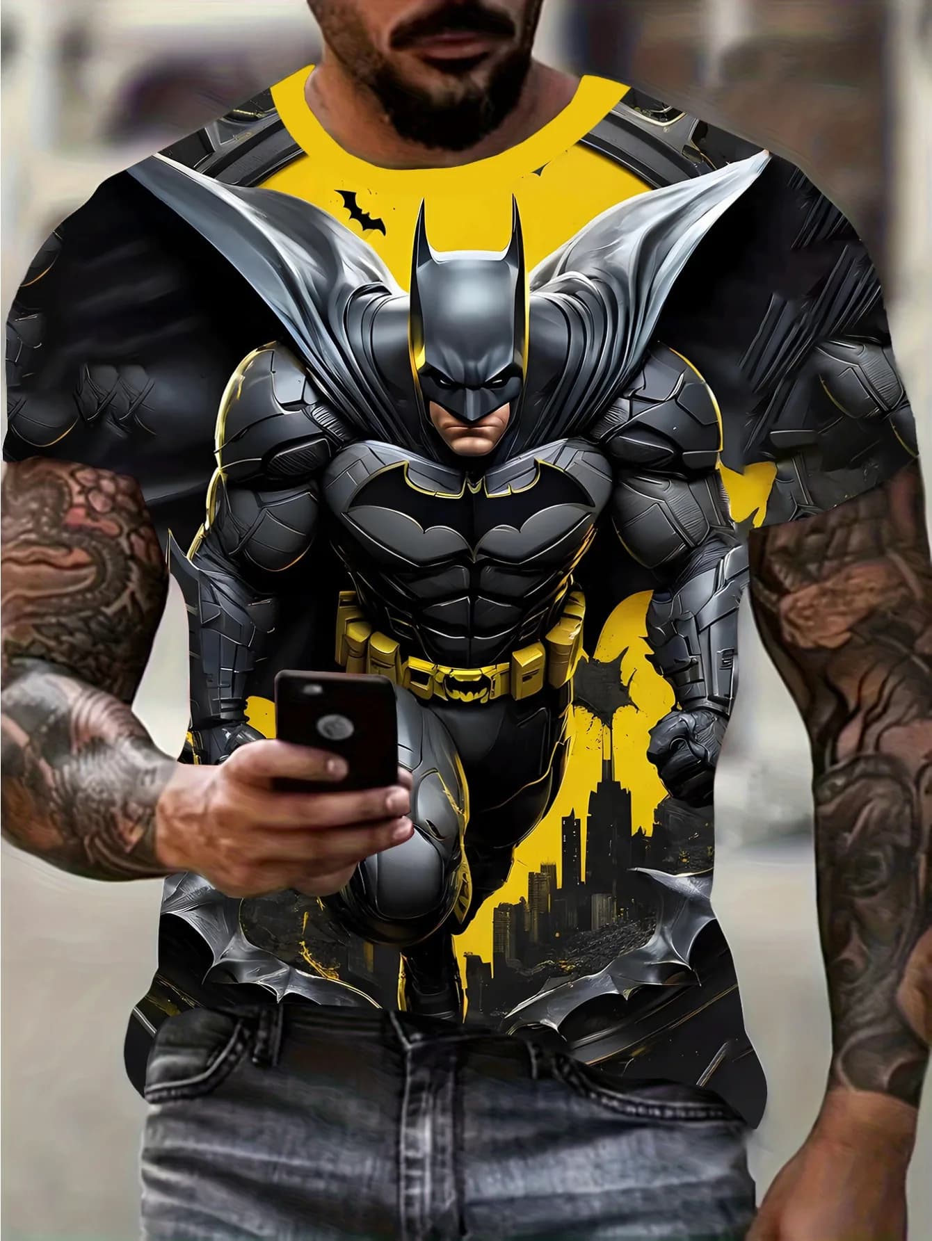 T-shirt con stampa 3D a blocchi di colore giallo e nero Batman estivo da uomo Marvel T-shirt anime da supereroe