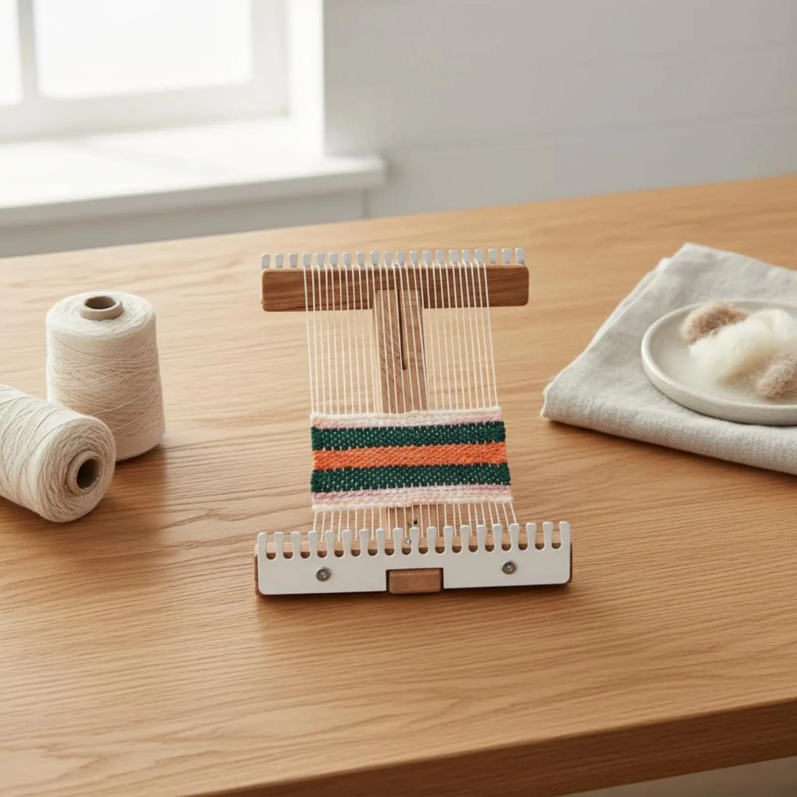 Adjustable Tapestry Loom Sturdy Wood DIY Weaving Kit Handheld Weaving Frame Stainless Steel Comb Small Wooden Loom for Beginners