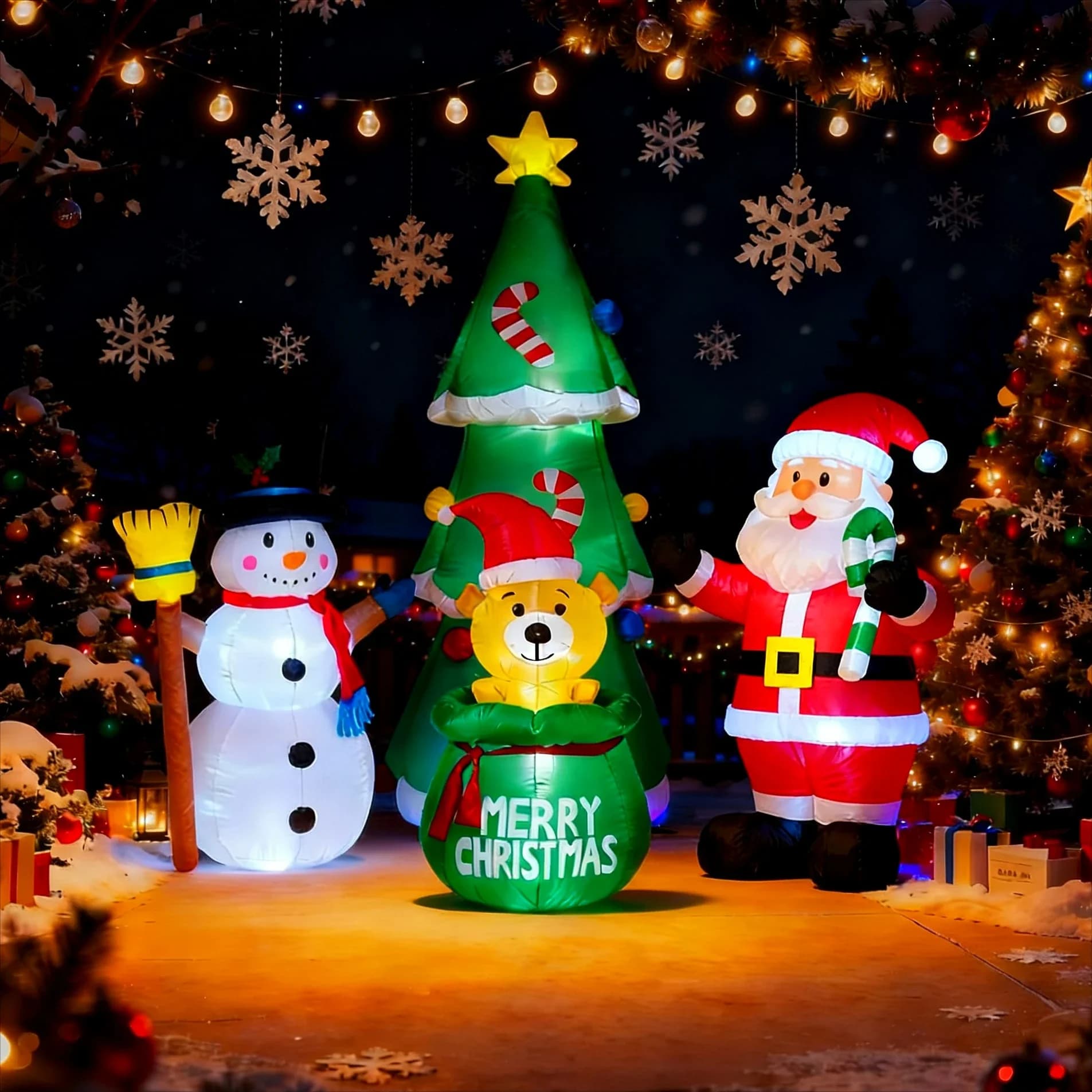 Decorazioni gonfiabili natalizie - Pupazzo di neve ramo, Babbo Natale, omino di pan di zenzero, sacchetto regalo Pupazzo di neve Decorazioni per prato con luce a LED