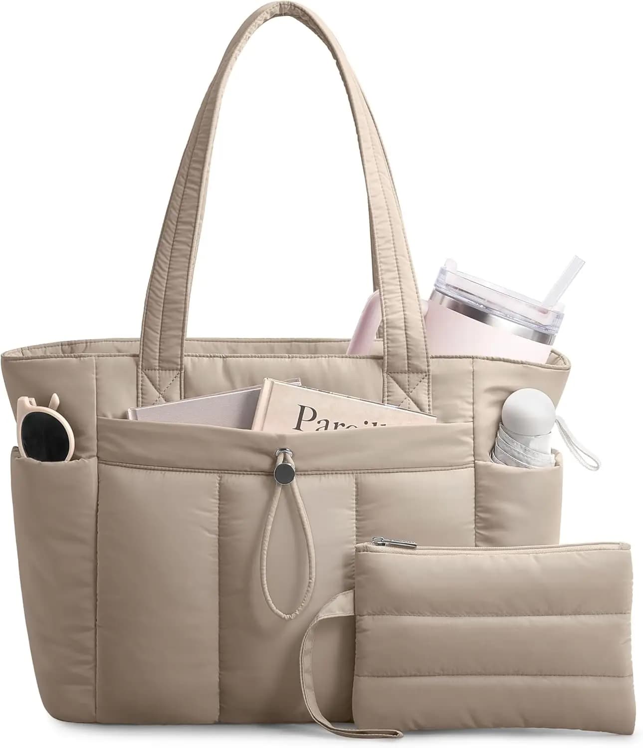 Borsa tote imbottita da donna con portabicchieri, scomparto per laptop, borsa per cosmetici e tasca per trolley, per lavoro e viaggi