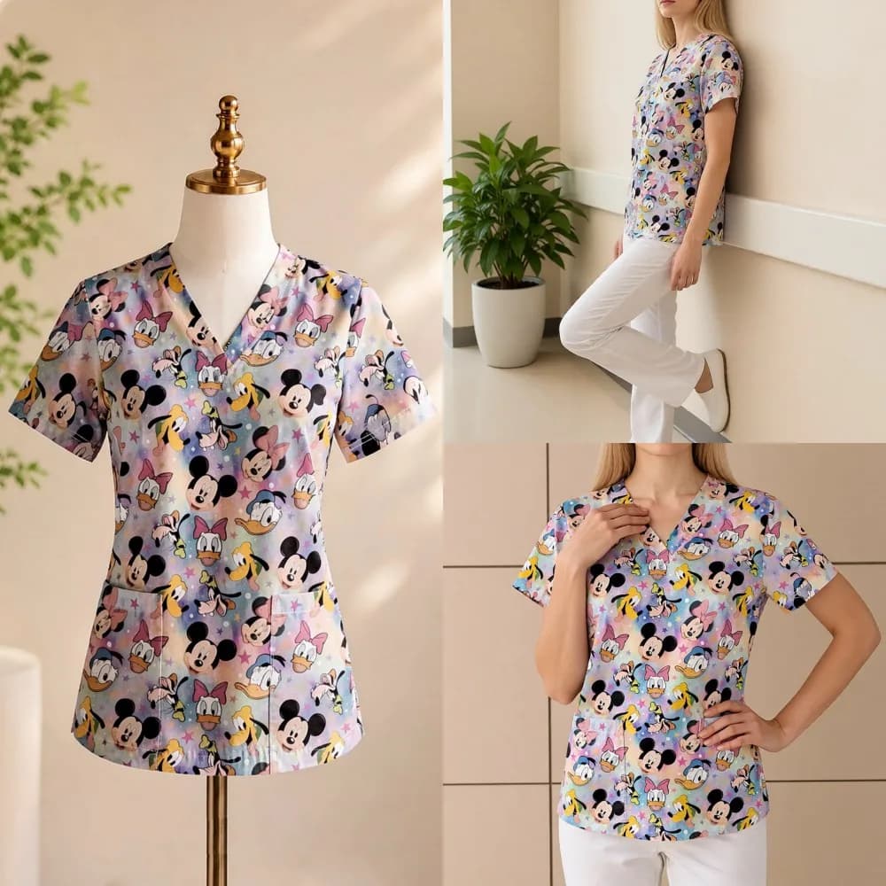 Kawaii Women's Disney Mickey Mouse Print Nurse Uniform High Quality Dental Pet Clinic Hospital With Pockets Minnie S-3XL Anime