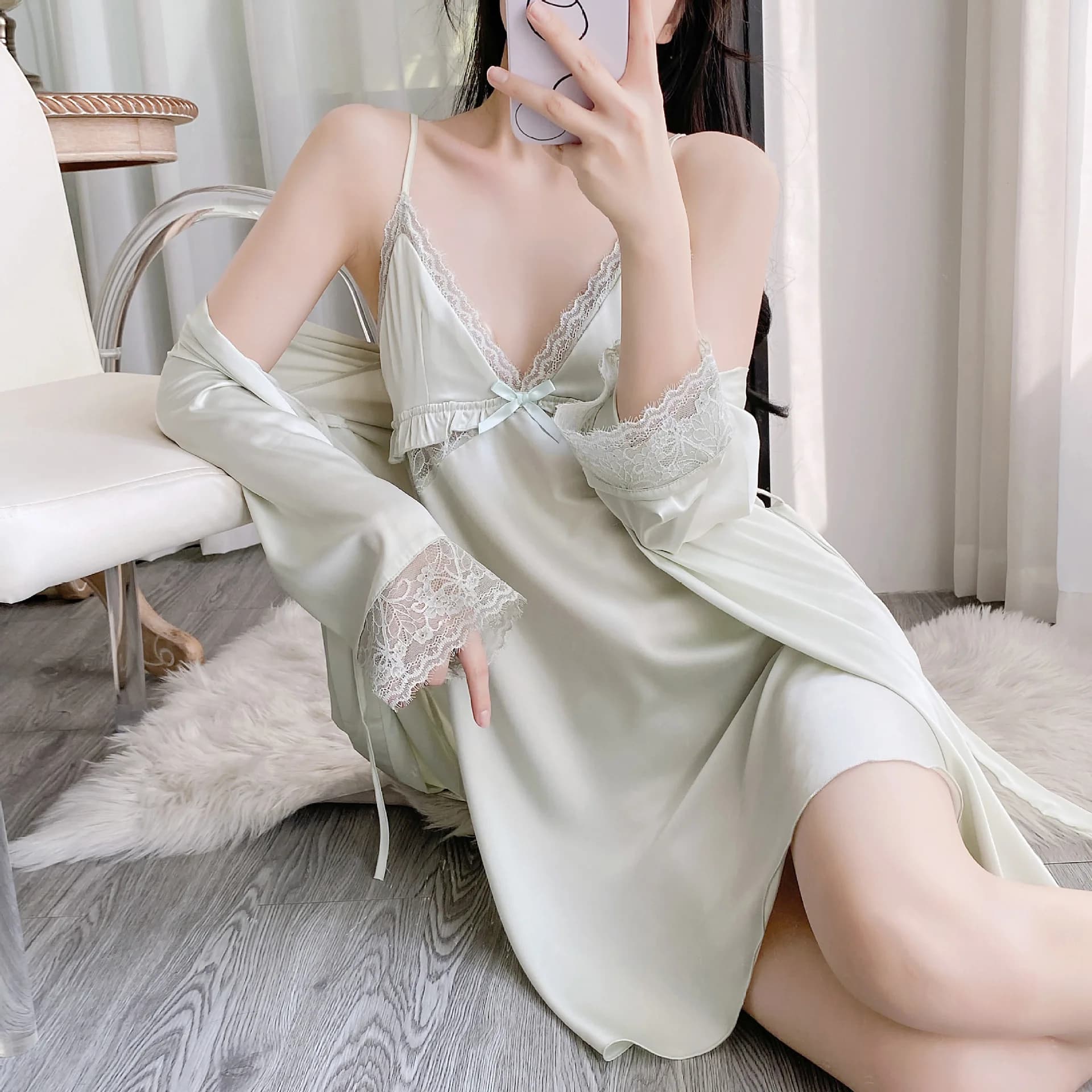Sexy Lace Trim Twinset femminile Robe Set Camicia da notte Primavera Estate Nuovi indumenti da notte Intimo Lingerie Accappatoio in raso allentato Abbigliamento per la casa
