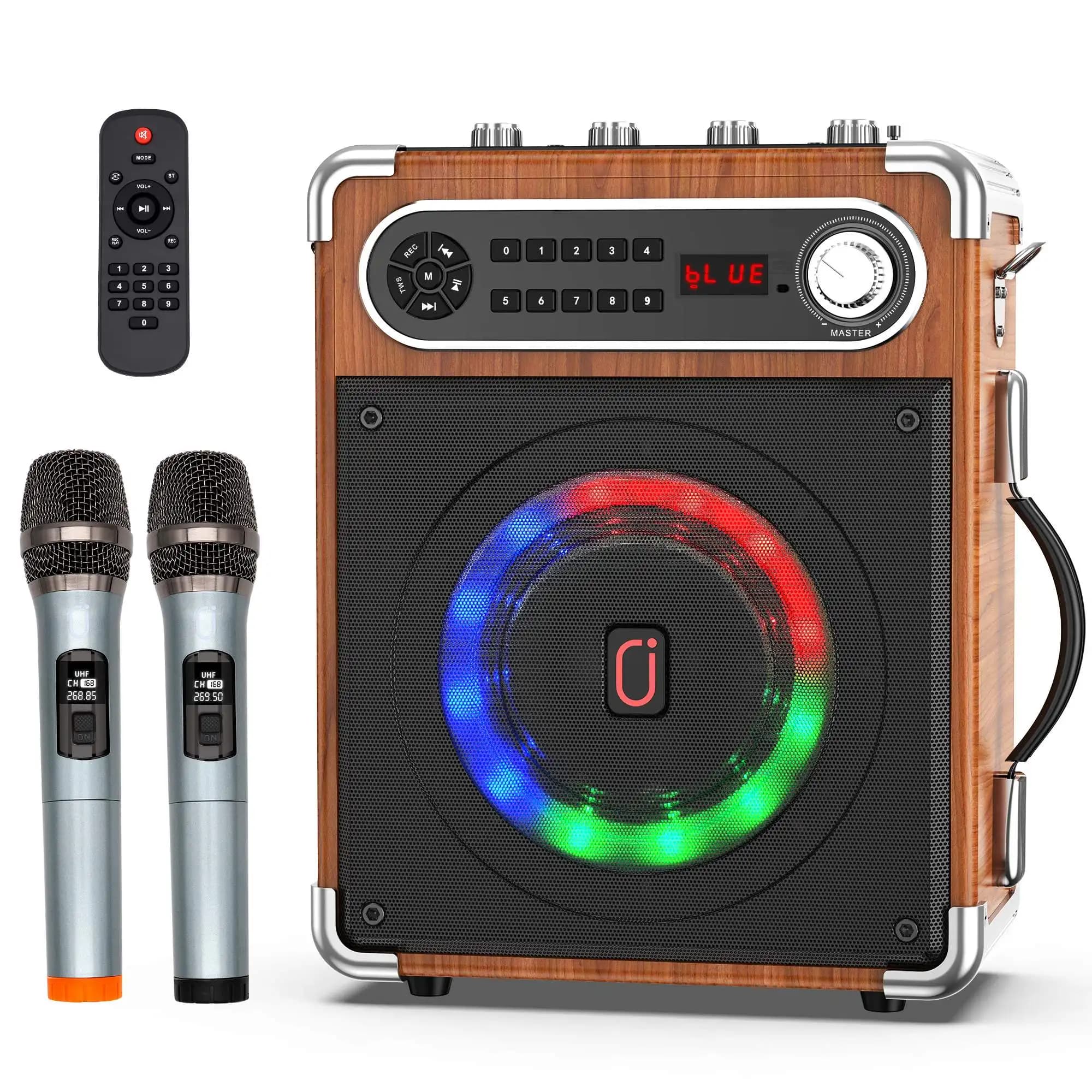 Macchina per karaoke con 2 microfoni wireless, altoparlante Bluetooth portatile con regolazione dei bassi/acoli, sistema PA con telecomando