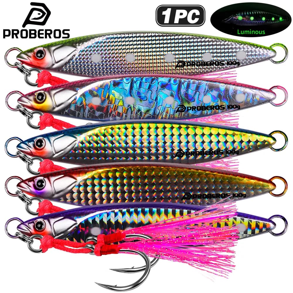 Proberos 40g-100g Esche Artificiali in Metallo a Rapido Affondamento, Jigging in Piombo, 1 Pezzo, con Gancio Luminoso a Piuma, per Spigola e Acqua Salata