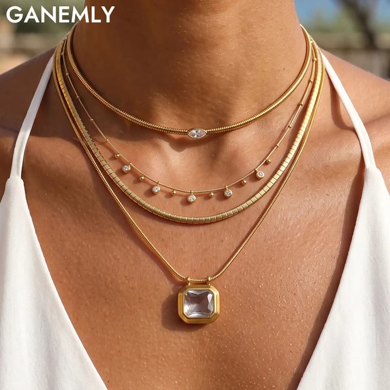 GANEMLY High Quality Stainless Steel Shiny Zirconia Pendant Necklace For Women Delicate 18K PVD Plated New Charm Jewelry Gift