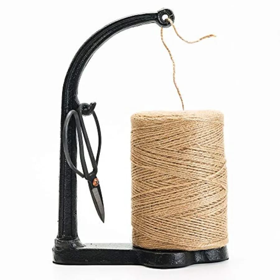 Set Porta Filo da Giardino in Ghisa - 1300ft. Corda e Filo di Iuta Naturale con Supporto e Forbici - Decorativo e Pratico per la Casa