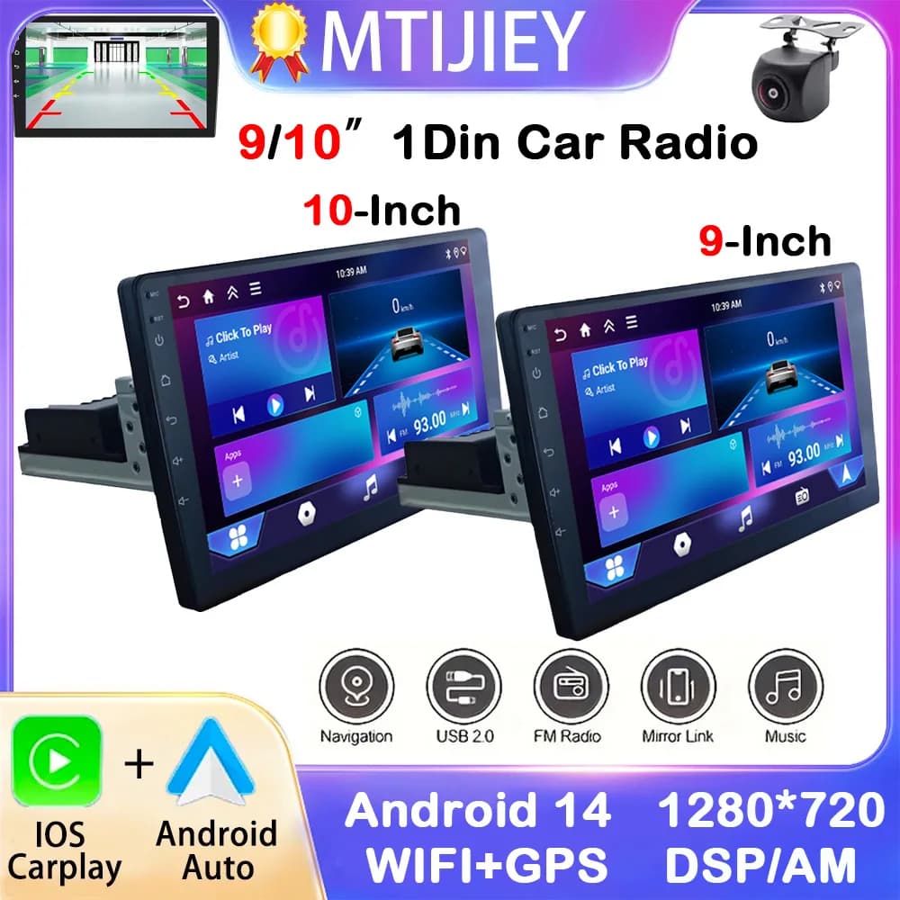 Autoradio Android 14 da 9/10 Pollici 1din con Touchscreen per Carplay Universale, Navigazione GPS, Bluetooth, WIFI