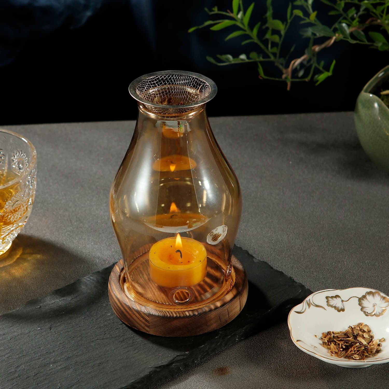 Portacandele in vetro Portacandele riscaldato con base in legno Bruciatore di incenso per aromaterapia per yoga SPA Aromaterapia