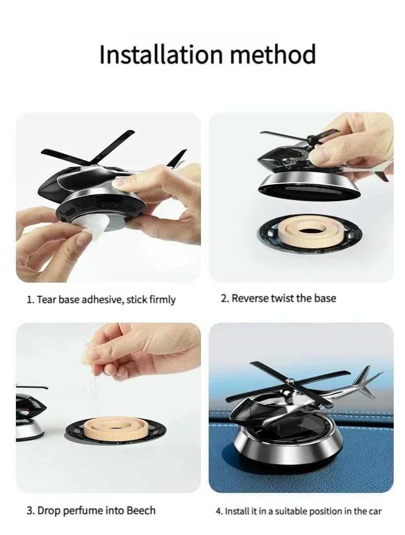 Diffusore di Profumo per Auto a Energia Solare a Forma di Elicottero, Accessorio Decorativo per Interni Auto con Elica Rotante