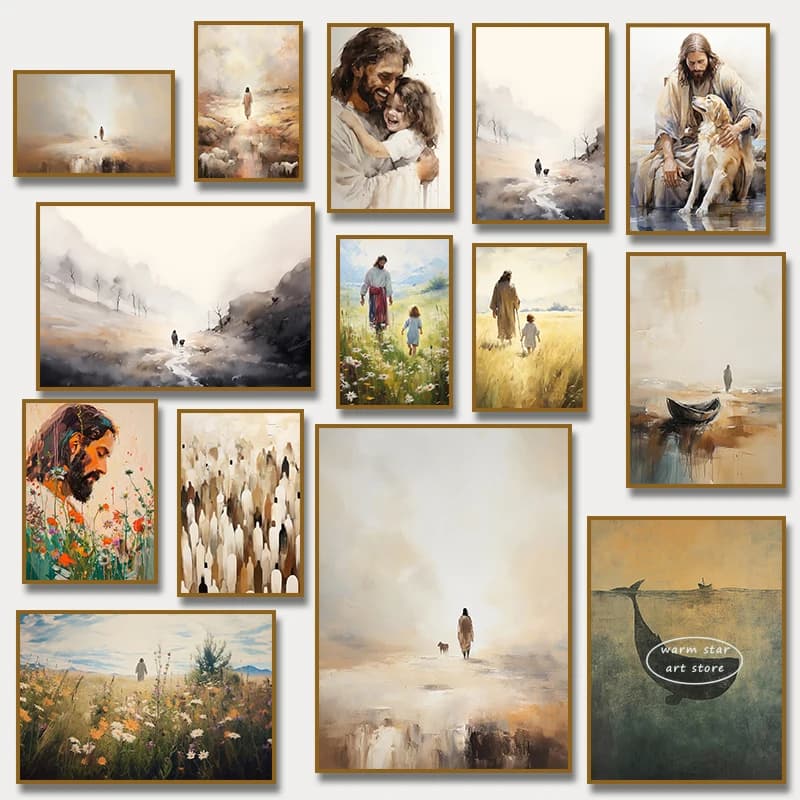 (2D Canvas Painting) 1pc framless Canvas Painting Watercolor Jesus Walk on Water with Children Jesus Leaves The 99 Bible Ar