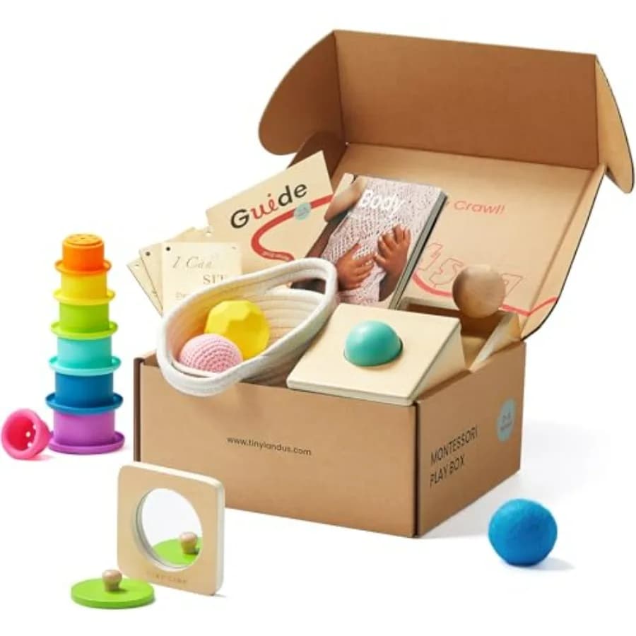 Set di Giocattoli Montessori per Neonati 7-9 Mesi, Kit Sensoriale 5-in-1 in Legno con Scatola per la Permanenza dell'Oggetto e Palla Sensoriale S