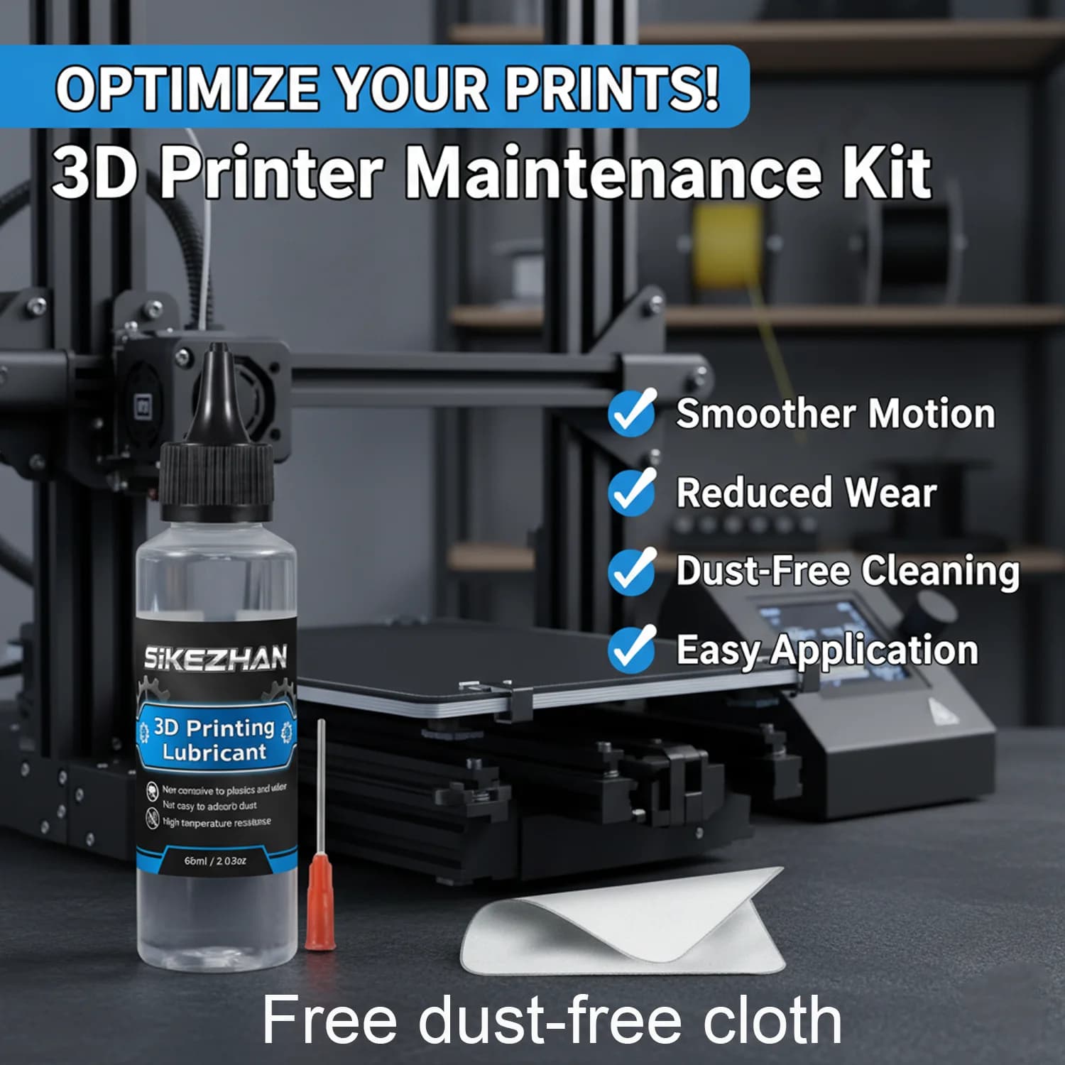3D printer maintenance kit: PTFE lubricant grease and footless wipes. For Asse Z, Guide, Viti. Compatible with Ender/Bambu/Prusa