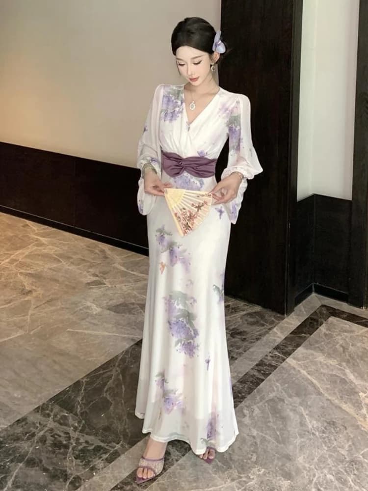 Women's Holiday Dresses Sweet Floral Print Lantern Sleeve Long Dress Elegant Lady Party Birthday Dresses Casual Retro
