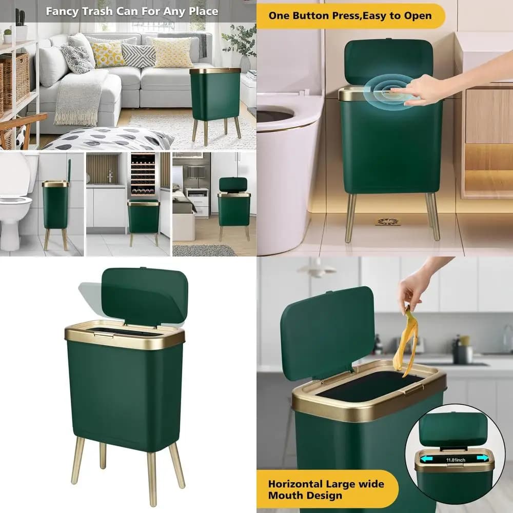 Elegante pattumiera da cucina da 4 galloni con bordo dorato, cestino per rifiuti verde moderno per uso domestico