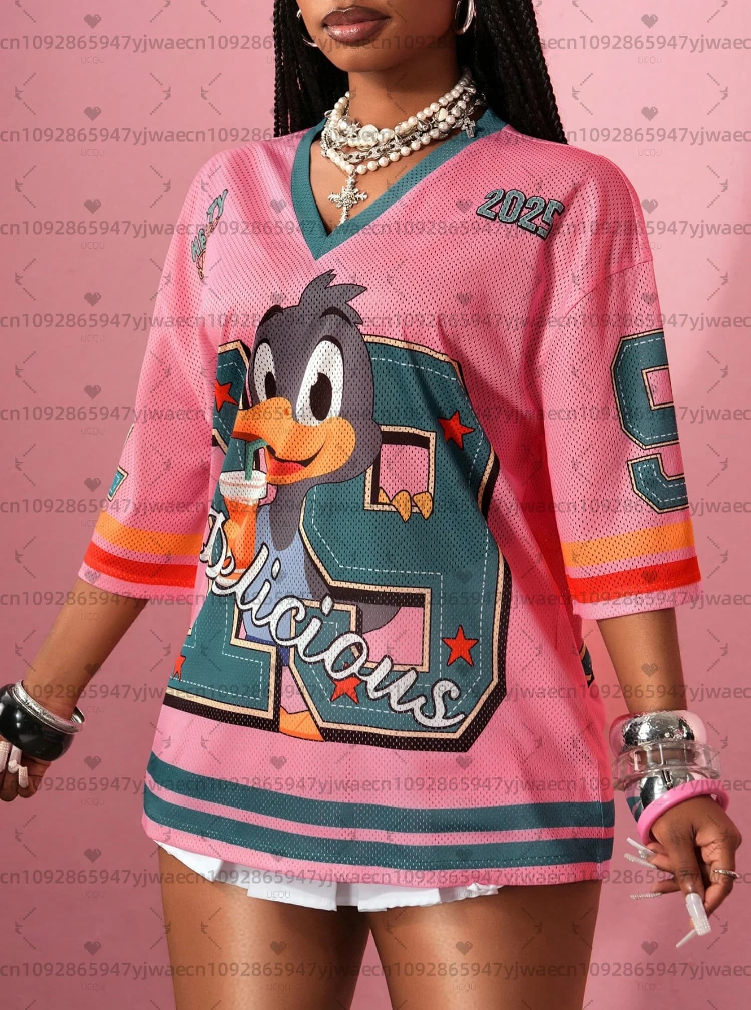 T-shirt da donna 2026 Bird Number 19 con stampa, in tessuto a rete, a righe, scollo a V, estiva, stile Harajuku, a maniche corte, streetwear