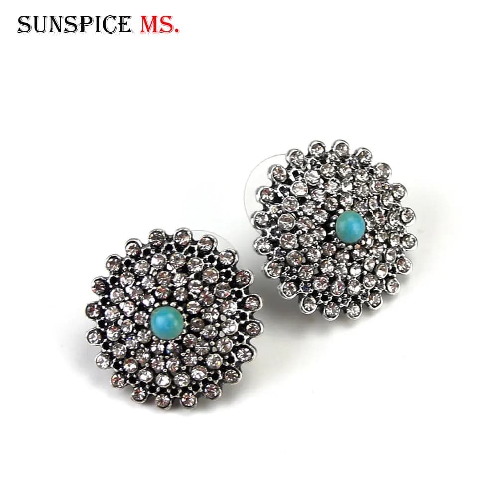 Sunspicems Retro Argento Colore Russia Rotonda di Cristallo Orecchino Della Vite Prigioniera per Le Donne di Pietra Naturale Dei Monili Dell'annata BOHO abiti Da Sposa Etnico Regalo