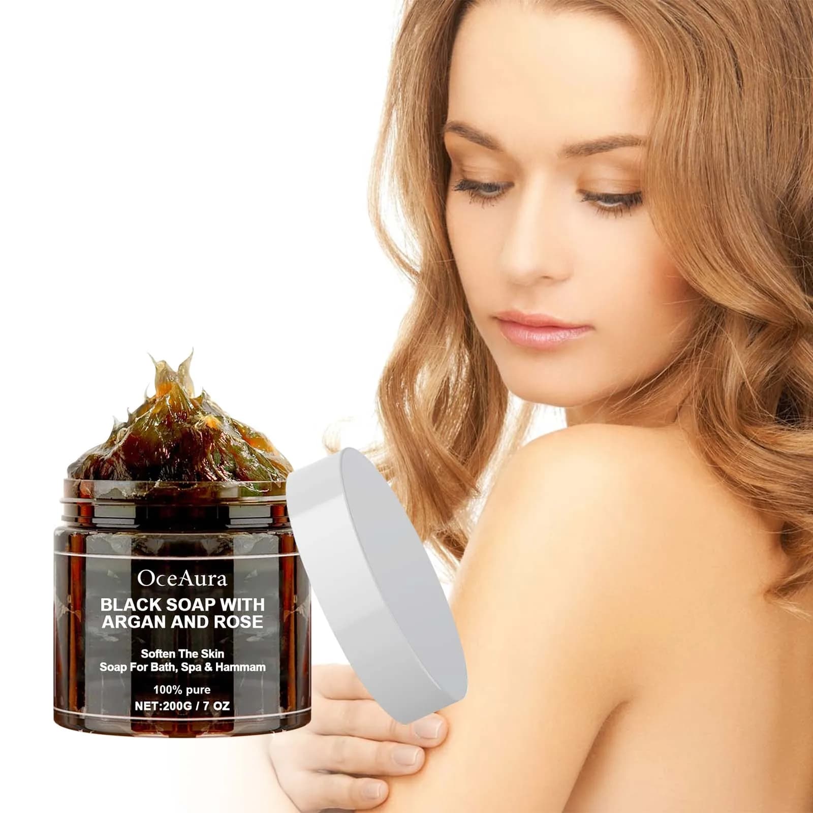 OCEAURA Sapone nero con argan e rosa mancanza di sapone Beldi Ideale per la rimozione della pelle morta Scrub corpo Purificante Pulizia profonda 200 g/7 Oz