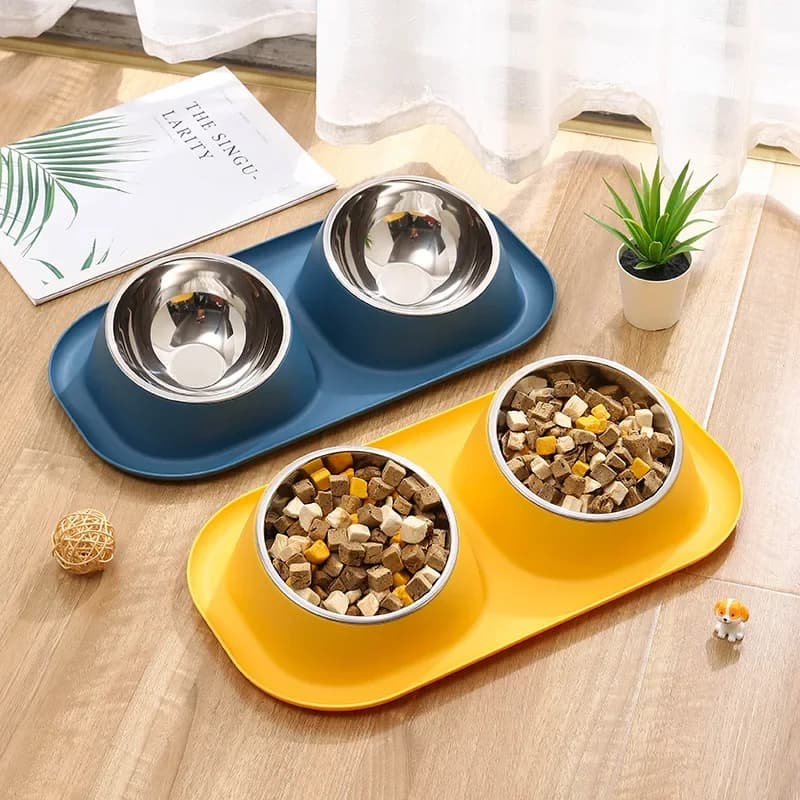 Stainless Steel Double Cat Dog Bowl Cat Food Container Non-slip Base Pet Water Feeder Tilt Safeguard Neck Puppy Cats Bowls