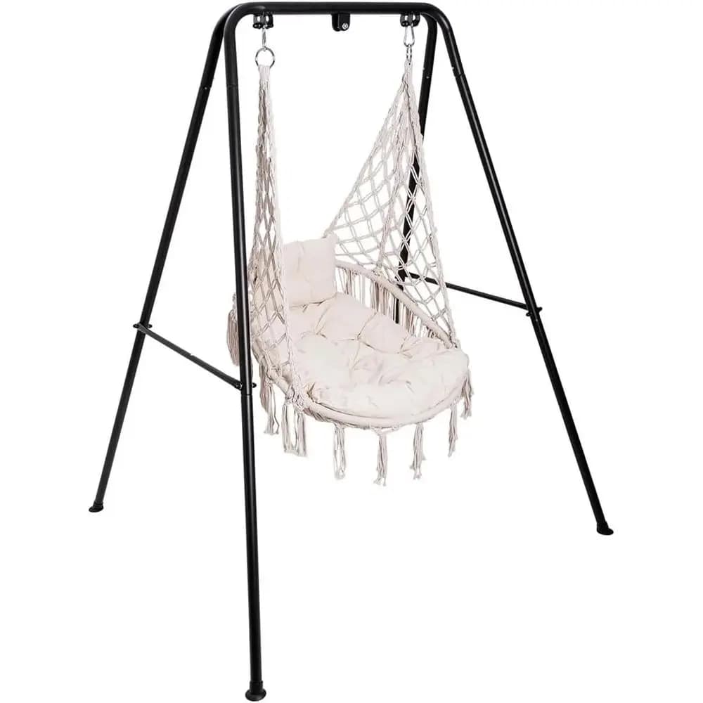 Durable white steel rocking chair holder for indoor and outdoor use, supports up to 350 pounds, includes pillow