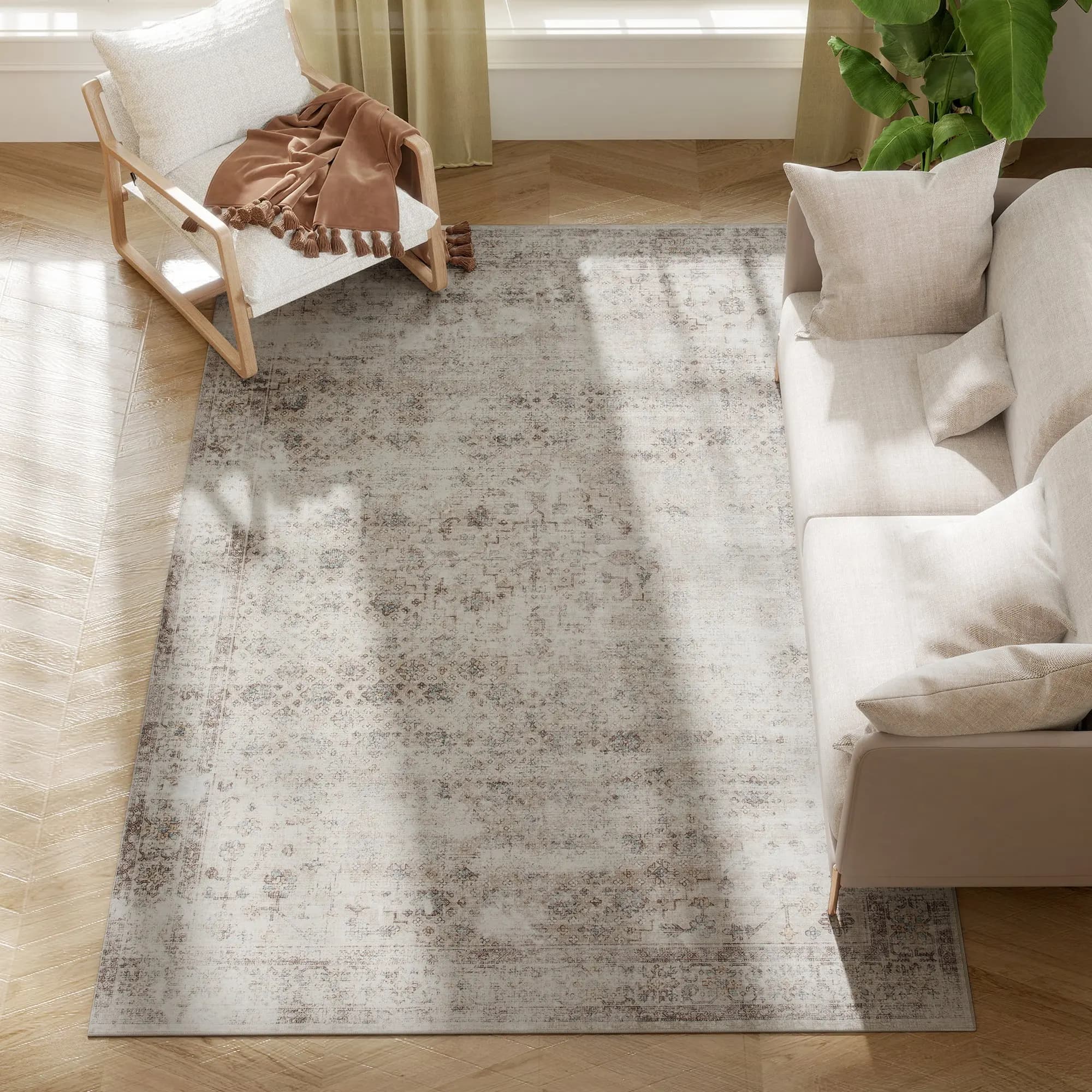 Area Rug 5x7, Machine Washable Rug, Non-Slip Traditional Floor Cover Foldable Carpet, Light Mixed-Brown