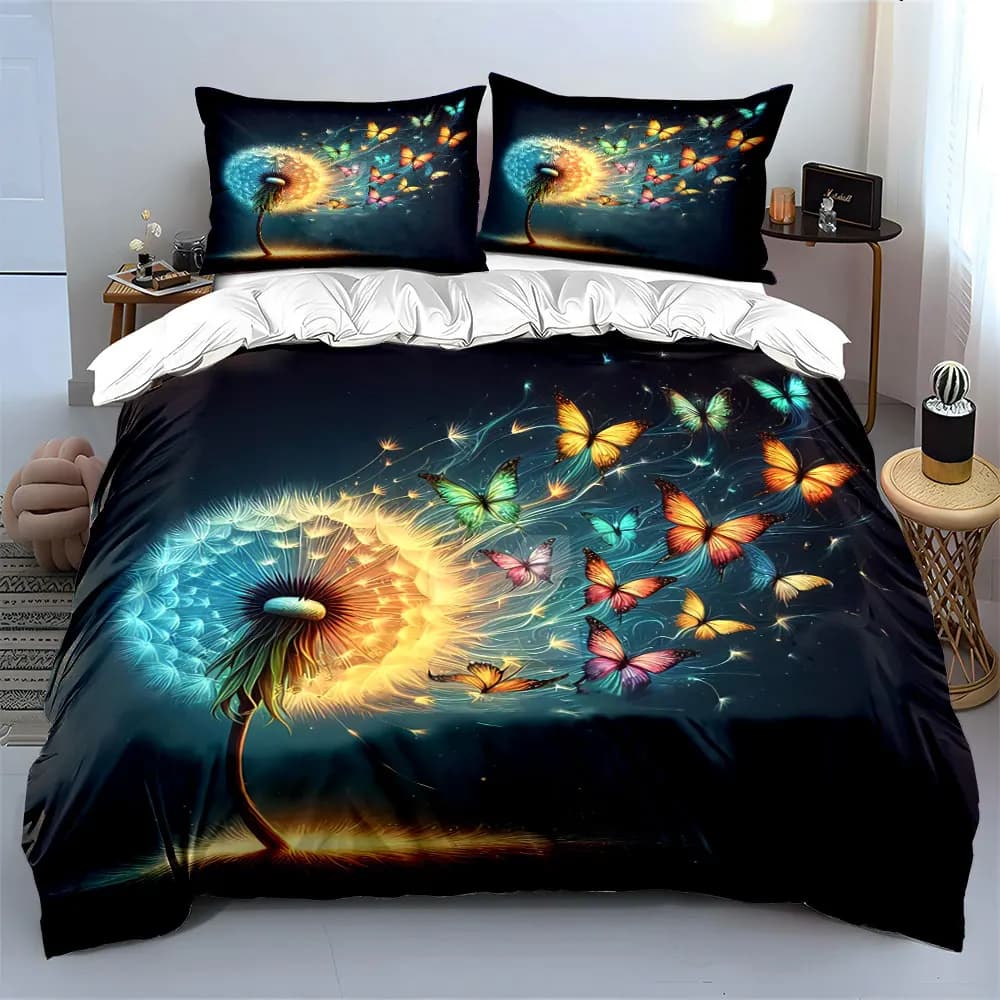 Set di biancheria da letto con copripiumino morbido e confortevole, decorazione artistica con dente di giuda e farfalle, include 1 copripiumino e 2 federe, idea regalo
