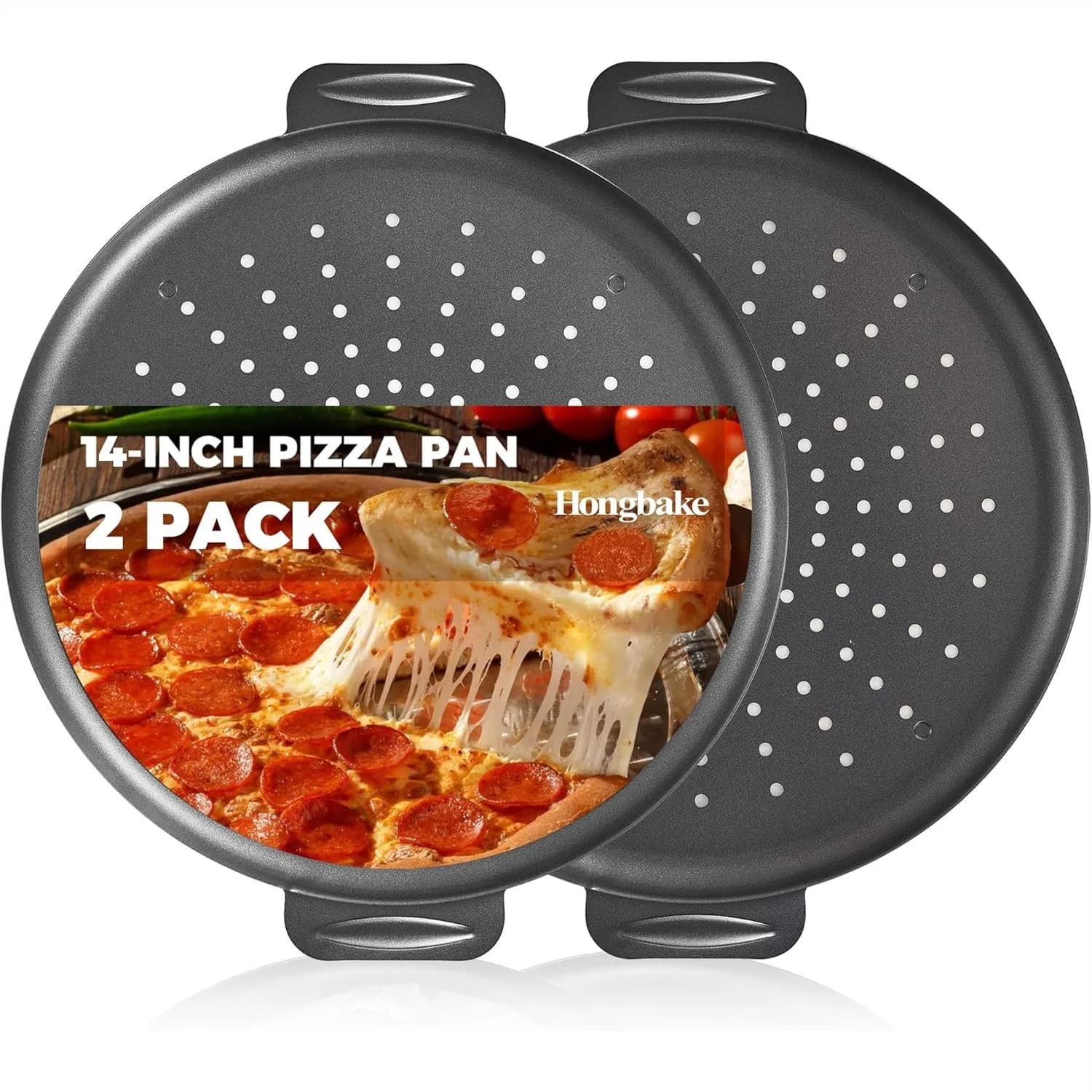 Set di 2 Teglie per Pizza da 14 Pollici con Fori, Vassoio Antiaderente Perforato per Forno, Lastra in Acciaio al Carbonio da 0,8mm Antiruggine