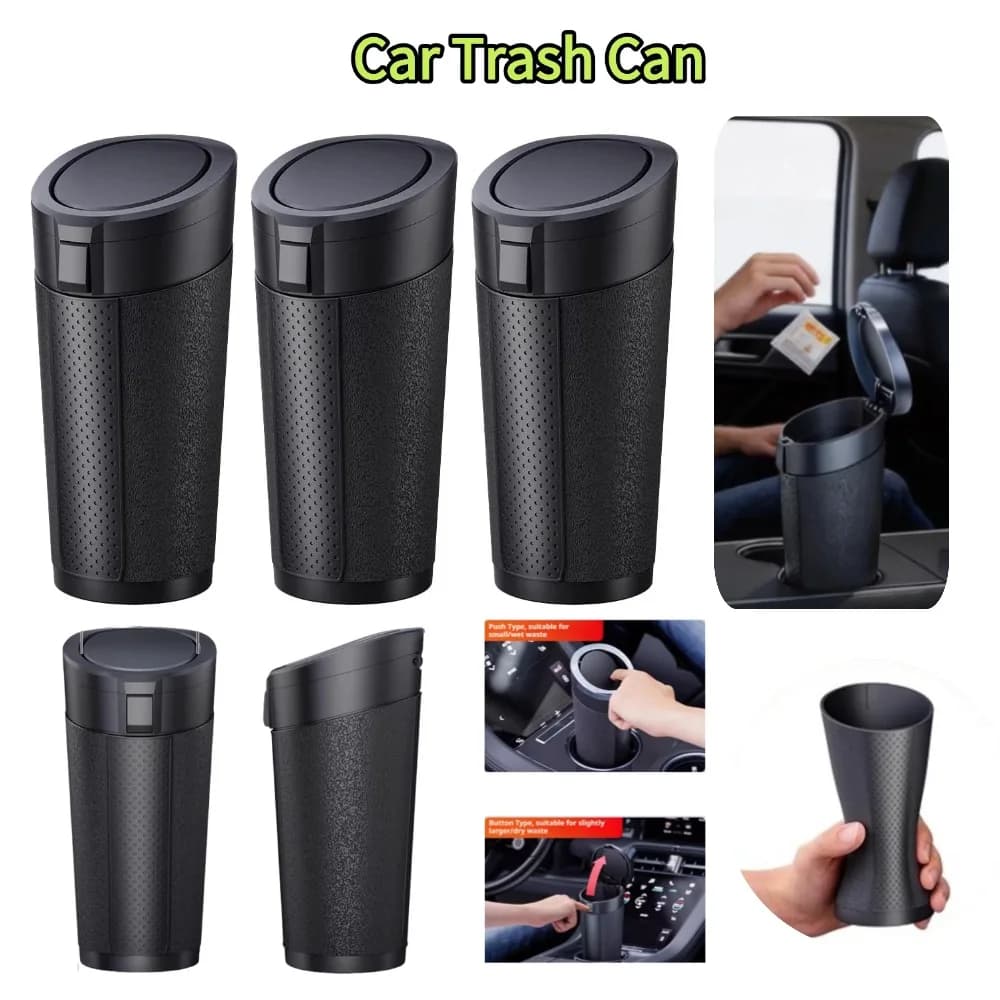 Car Garbage Can with Push Button Lid Leakproof Waterproof Portable Hanging Waste Bin Versatile Storage Basket Auto Accessories