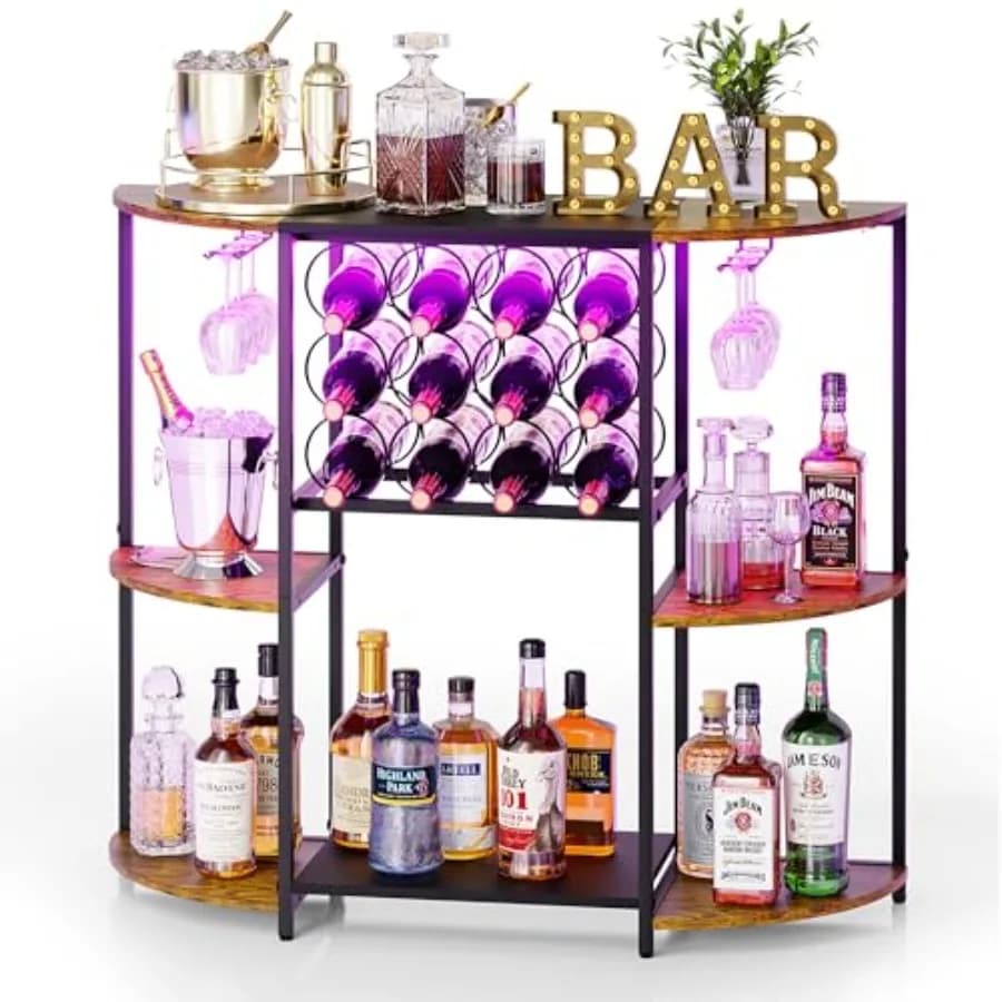 Carrello Bar con Luci LED, Mini Portabottiglie con Vano Portaoggetti e Portabicchieri, Piccolo Carrello Bar Domestico per Liquori, Tavolo Bar a 3 Livelli