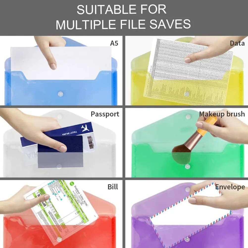 12Pcs A4 Color Document Bag Clear Plastic File Folder Water Resistant Document Holder for Office School Use File Bag