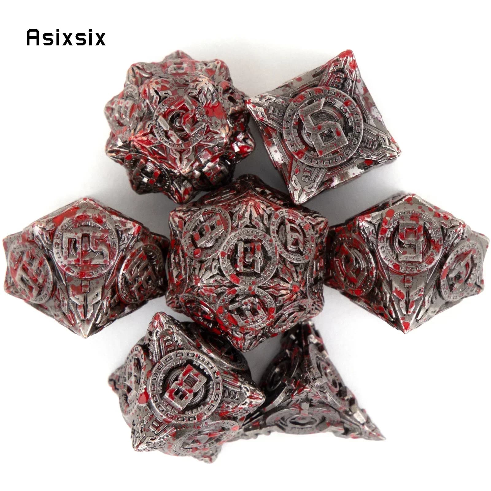 Set di 7 Dadi Metallici Argento e Rosso a Forma di Cerchio, Perfetti per Giochi di Carte, Giochi da Tavolo, Critical Role, RPG, D&D