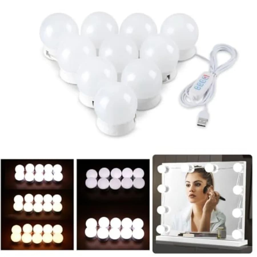 USB Powered Vanity Mirror Lights 10 Dimmable LED Bulbs 3 Color Changing Brightness Adjustable Makeup Lighting Strip for Dressin