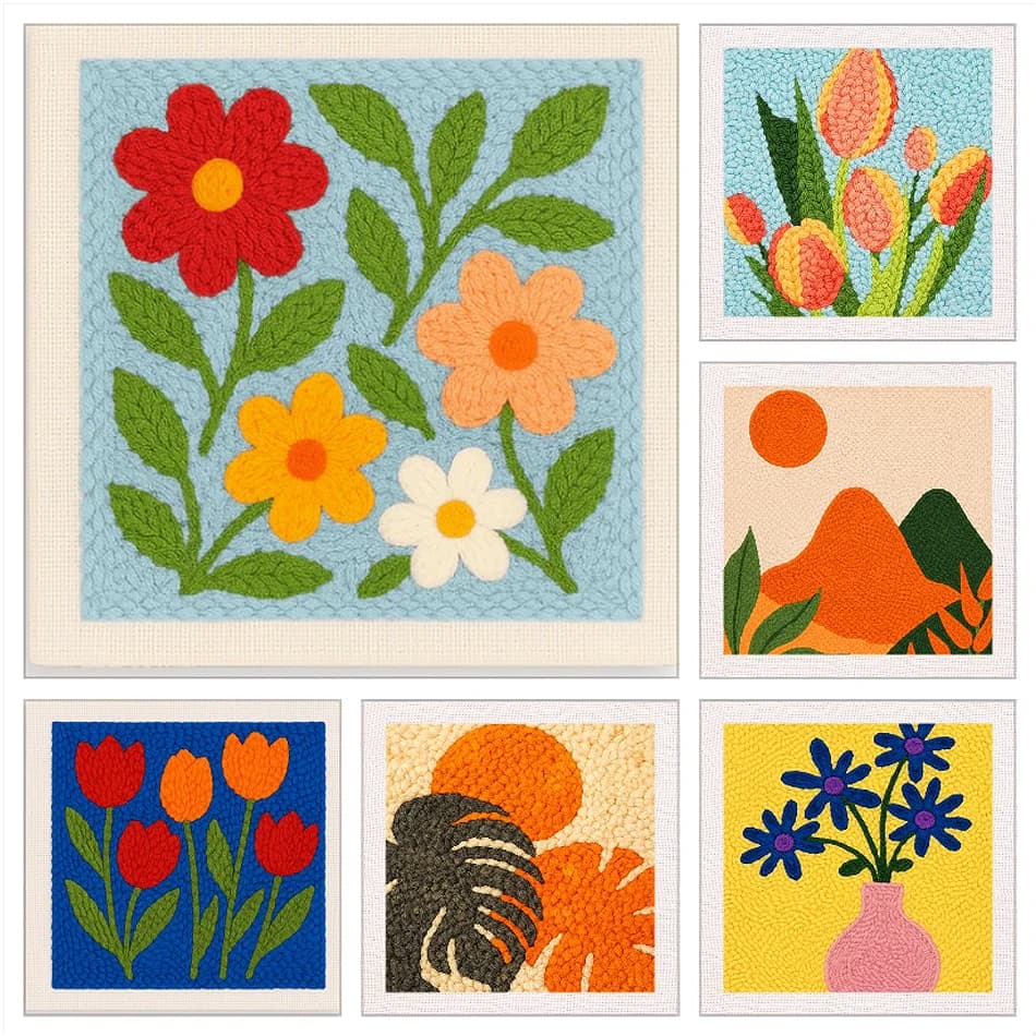 SDOYUNO 25x25cm Punch Needle Embroidery Kits for Beginner With Frame Flower DIY Crafts with Yarns for Adults Embroidery Kits