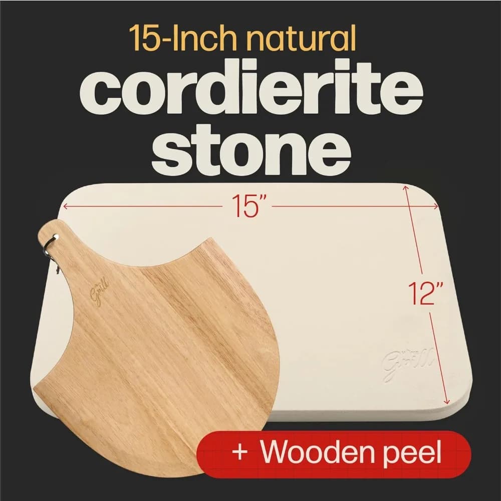 PIZZA PIZZA STONE | Pietra per pizza rettangolare per cottura al forno e grigliare barbecue con buccia di legno gratuita