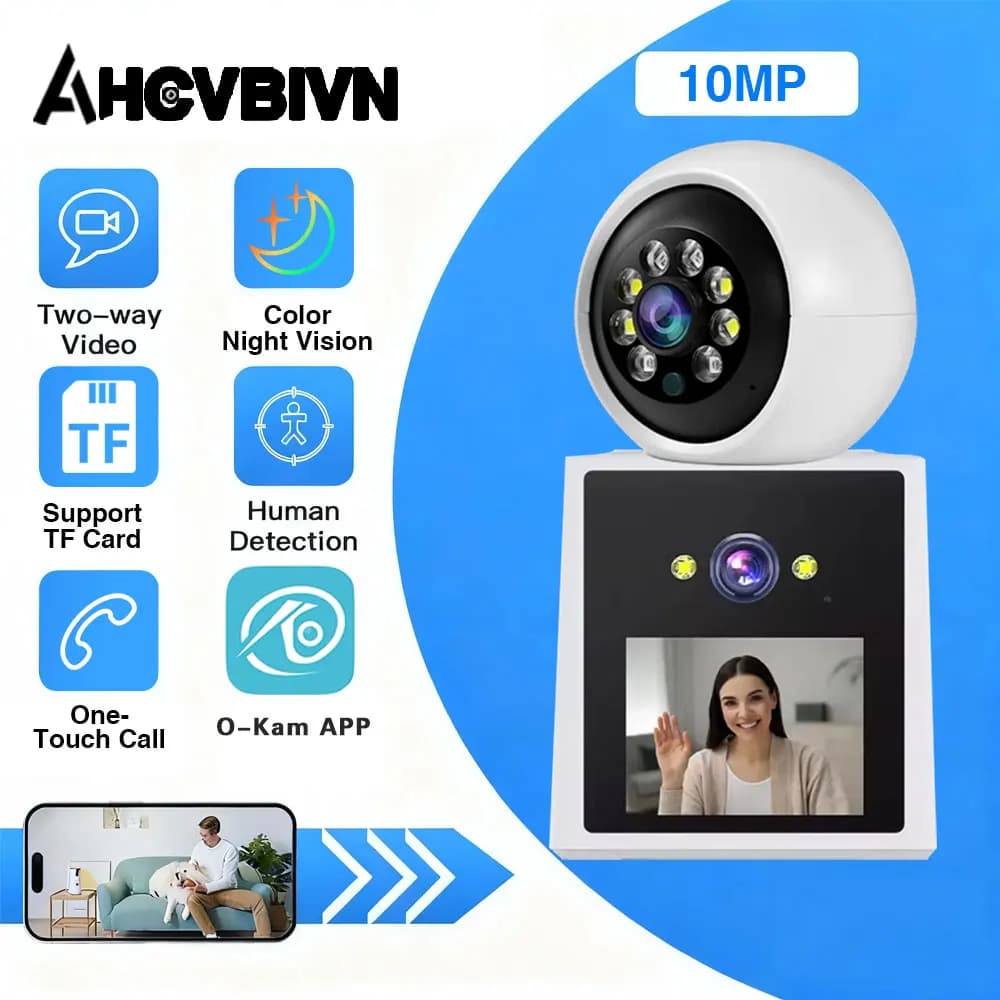 Monitor per Bambini da Interno 4K 8MP HD WIFI PTZ con Doppia Lente, Doppio Schermo, Risposta alle Videochiamate, Tracciamento Automatico, Audio Bidirezionale e Visione Notturna a Colori