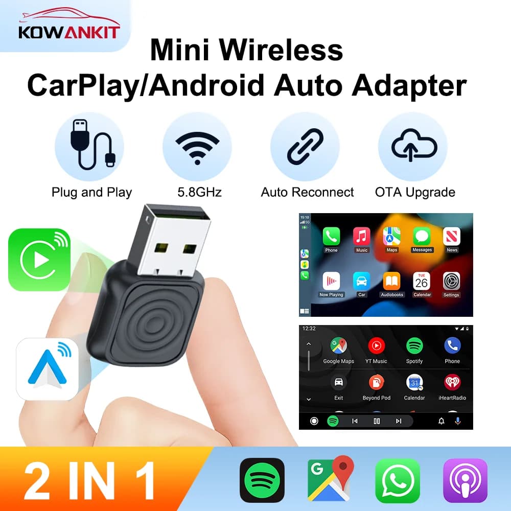 Adapter CarPlay Wireless 2 in 1 Android Auto Smart Mini AI Box Car Bluetooth Plug & Play Dongle Android KowanKit 2026