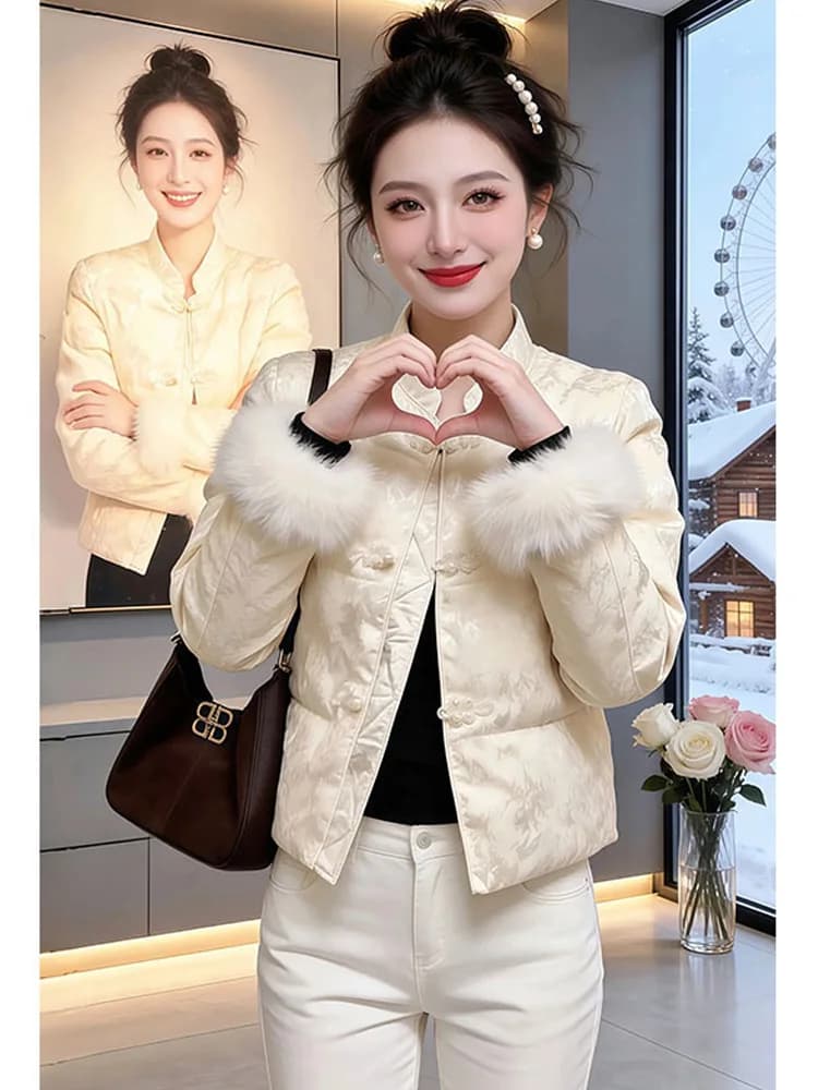 Winter Women's down Cotton Jacket with Fluffy Sleeve Cuffs in Korean Style Loose Fit with Pocket Long Sleeve Zipper Closure