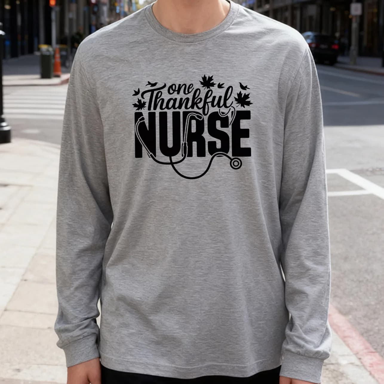 Men's Long Sleeved T-shirt One Thankful Nurse 180g 100% cotton printed casual crew neck to wear every day soft and breathable