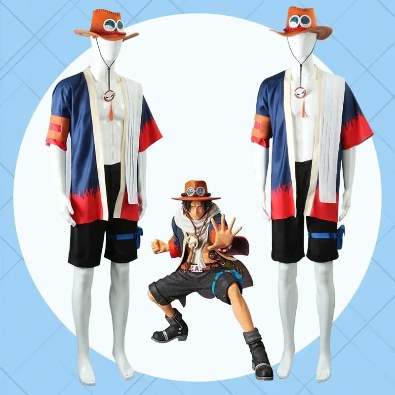 Costume Cosplay Anime Portgas D Ace, Costume Re dei Pirati, Kimono da Combattimento con Guanto di Fuoco, Cappello, per Giochi di Ruolo Anime