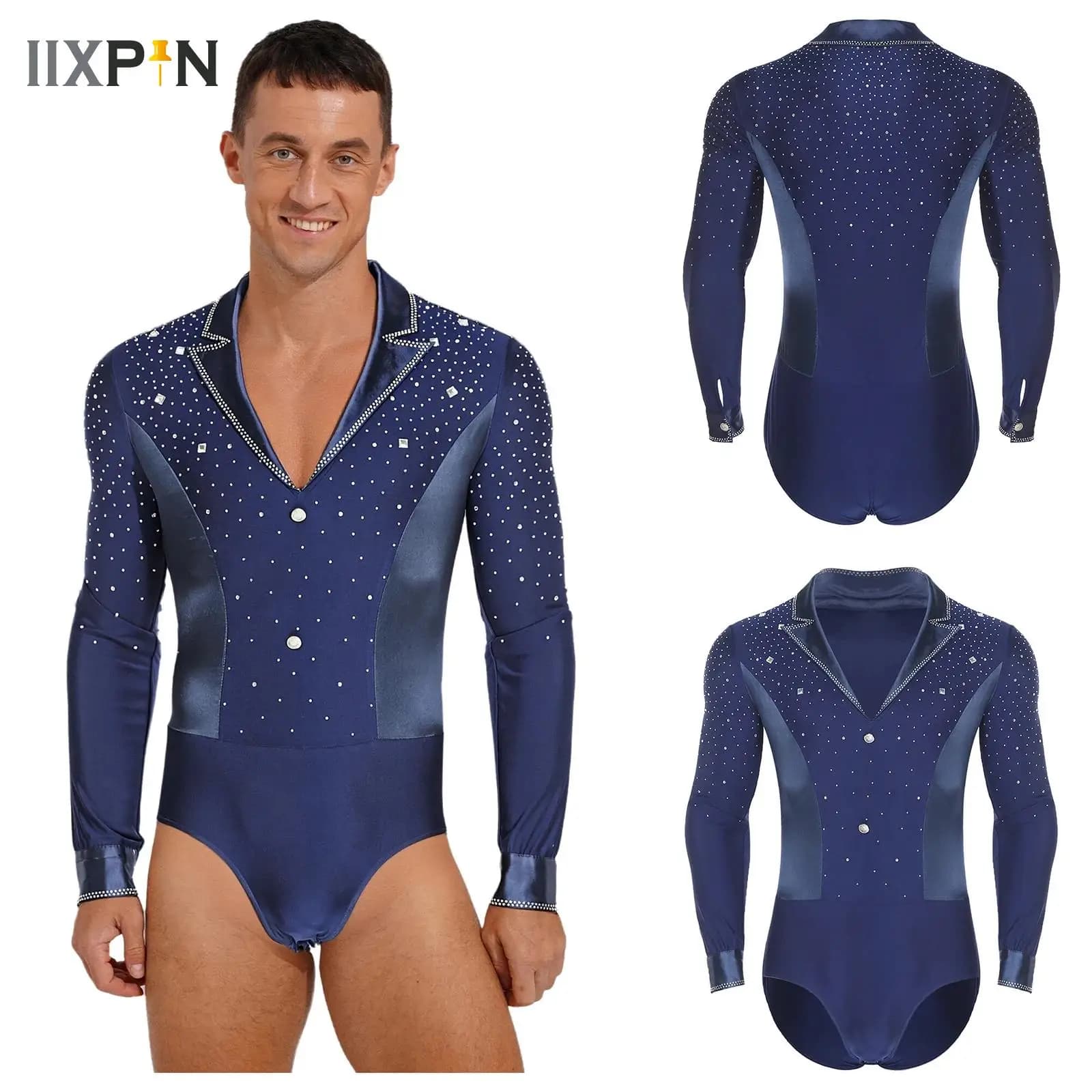 Maglia da ballo latino jazz da uomo Body Body Camicia Top Strass scintillanti Ginnastica Pattinaggio di figura Sala da ballo Costume Chacha