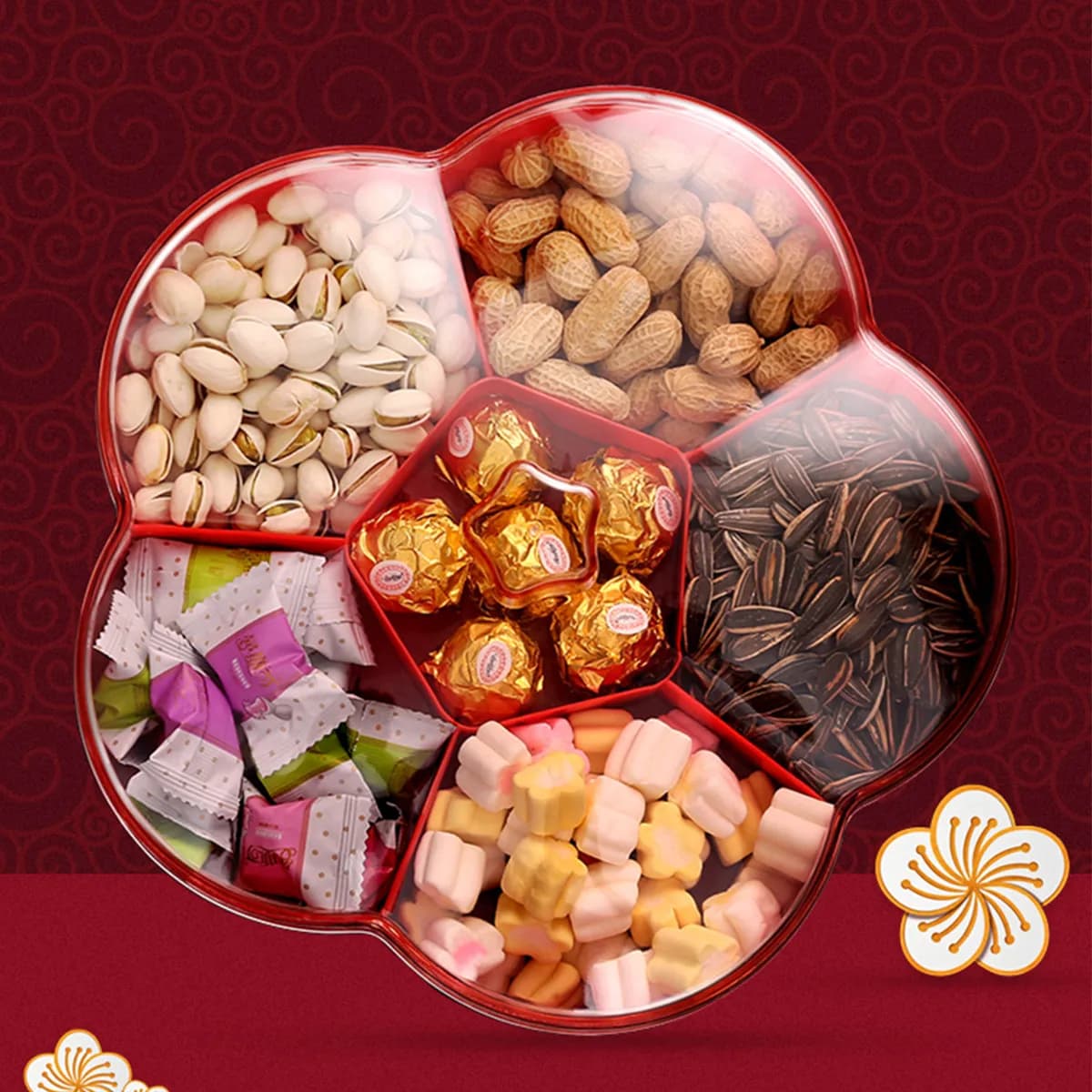Contenitore per servire dolciumi e frutta secca con coperchio trasparente, vassoio per snack, piatto diviso per conservare frutta secca, cioccolato e antipasti
