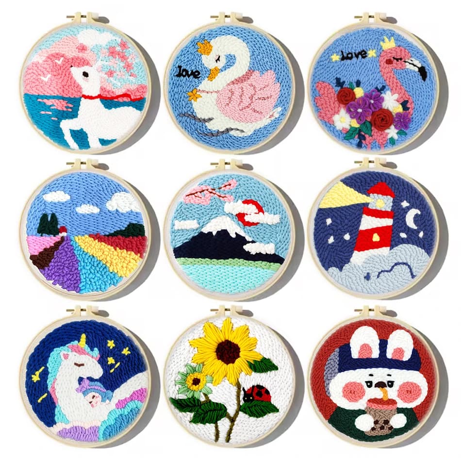 GATYZTORY 20x20cm Punch Needle Embroidery Starter Kits For Beginners Hoops Animals Picture Soft Yarn Painting Embroidery Set