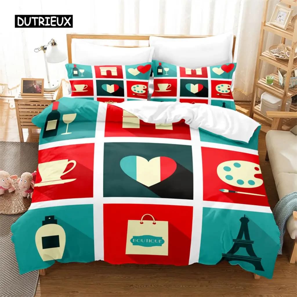 Set di Biancheria da Letto Love Paris, Copripiumino con Stampa Digitale 3D, Set Lenzuola Queen Size, Design alla Moda