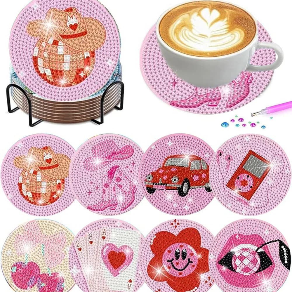 8 Pieces/Set of Diamond Painting Coasters with Brackets, DIY Pink Series Patterned Diamond Painting Coasters