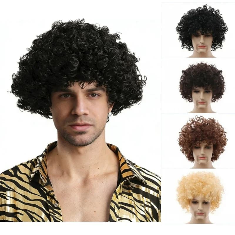Synthetic Wigs Caps 70s Disco Hippie Rock Punk Afro Synthetic Wigs Curly Hair Mens Women Party Halloween Cosplay Hair Headcover