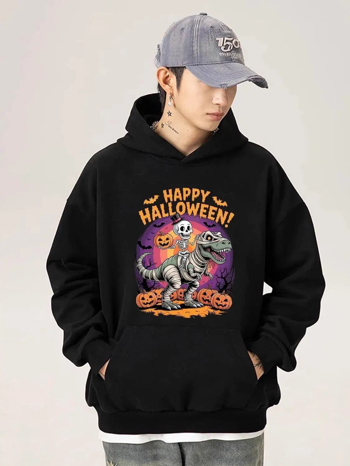 Halloween Pumpkin Dinosaur Hoodie round Neck Sweatshirt for Boys Teens Students Fashionable Cotton T-Shirt Unisex Short Sleeve
