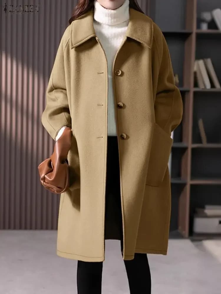 ZANZEA Winter Solid Long Outwears Women's Autumn Trench Coats Stylish Woolen Fabric Trench Long Sleeve Buttons Down Jackets 2025