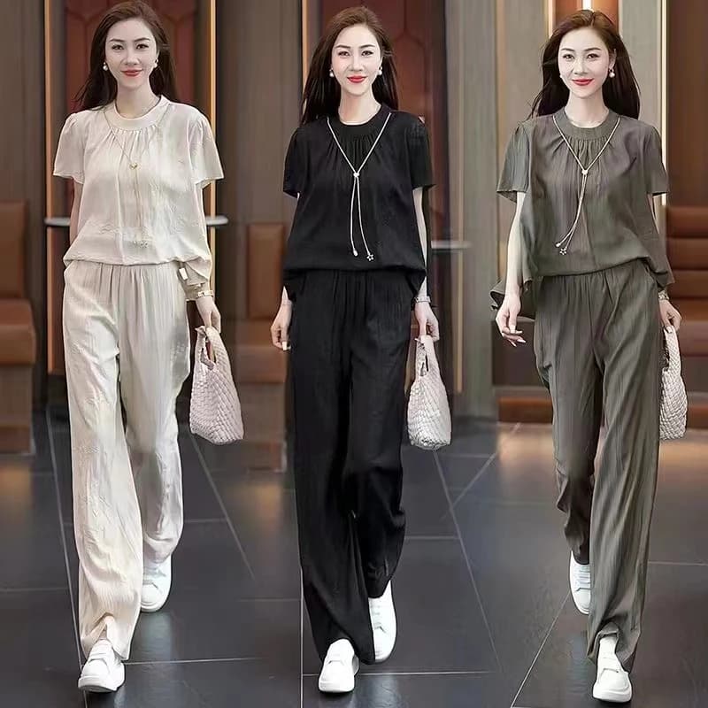 Elegante Completo Estivo da Donna a Due Pezzi, Top con Maniche Corte e Pantaloni a Gamba Larga, Abbigliamento Casual Sportivo