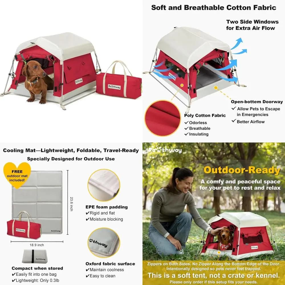Tenda per Cani in Tessuto di Cotone con Pali e Tappetino, Resistente alle Intemperie, Traspirante con 2 Finestre Laterali, Portatile e Pieghevole, Rossa